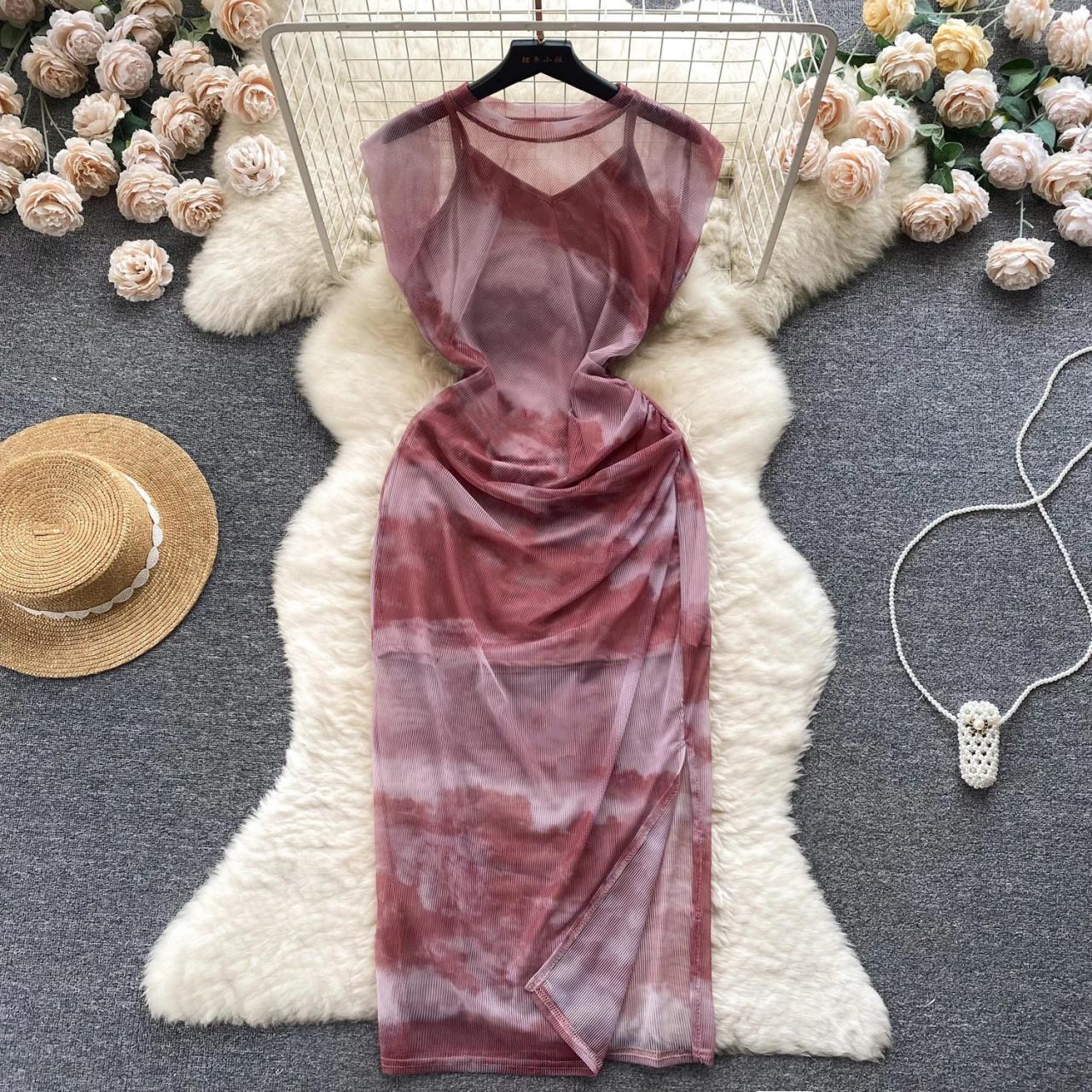 knee length dresses for ladies Red Blue Tie Dye Mesh Maxi Dress main image 1