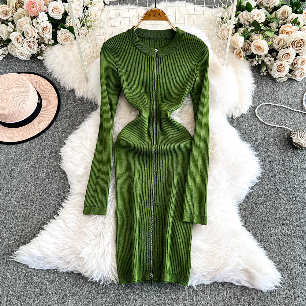 chinese dress ladies Elegant Green Collared Ribbed Bell Sleeve Maxi Dress with Buttons M main image 1