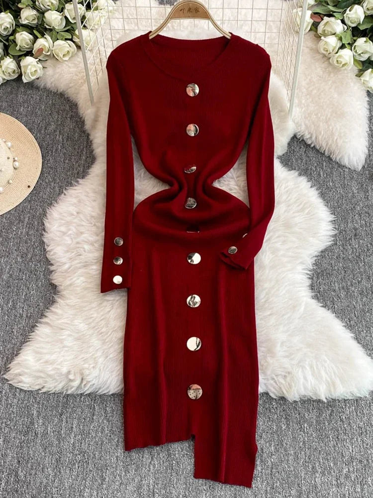 Chic Red Long Sleeve Button-down Midi Dress on Luulla