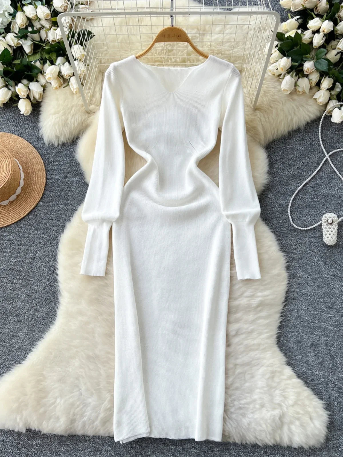Long-sleeve White Knit Dress With Cutouts