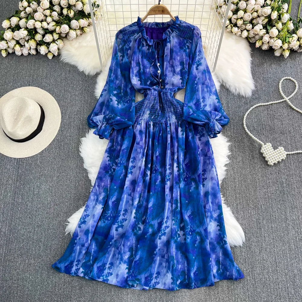 elasticated beach dresses Floral Summer Beach Dress With V Neck Elastic Waist Dresses For Women Yellow / S main image 0
