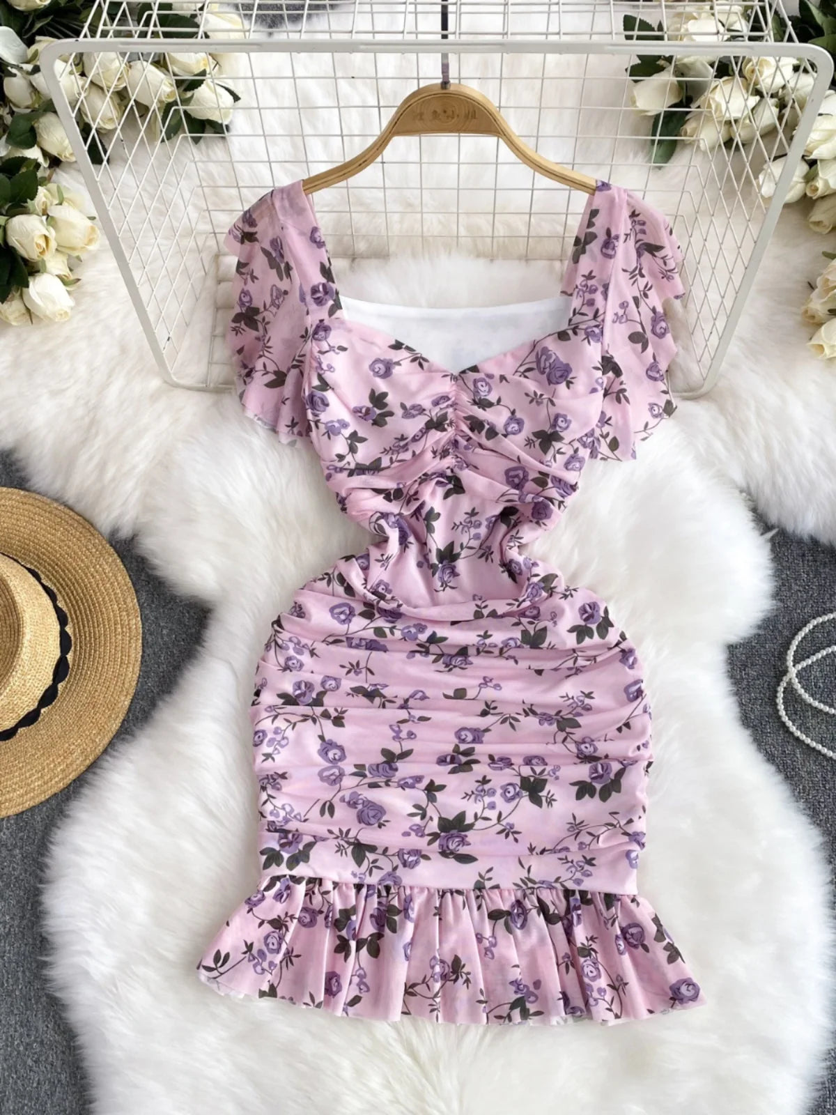 ruched bodycon dress floral PrettyLittleThing Women's Floral Flocked Frill Detail Ruched Bodycon Dress in Dark Chocolate