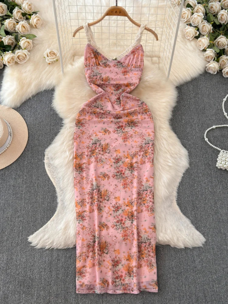 Floral Pattern Sleeveless Pink Bodycon Midi Dress