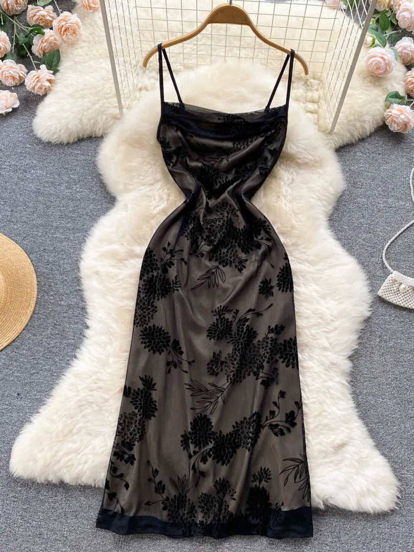 Sleek Black Floral Velvet Halter Neck Dress