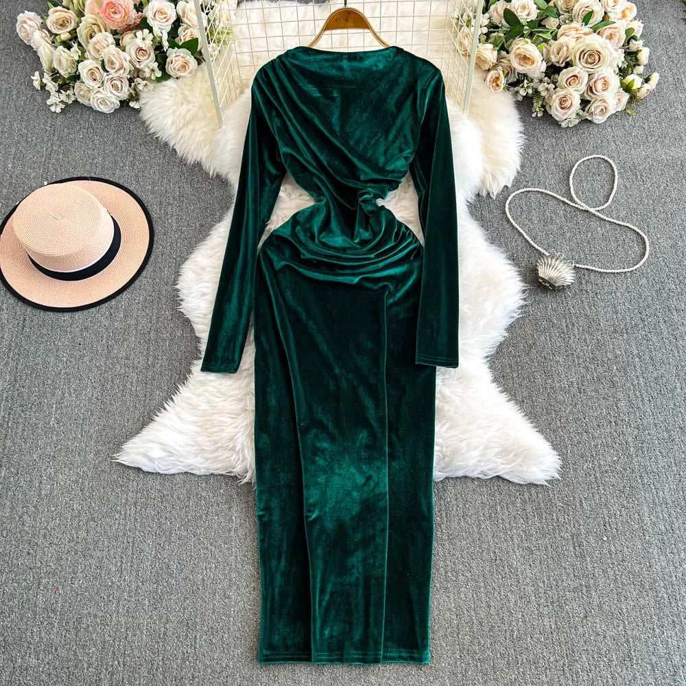 Velvet Long-sleeve Green Dress With Draped Design on Luulla