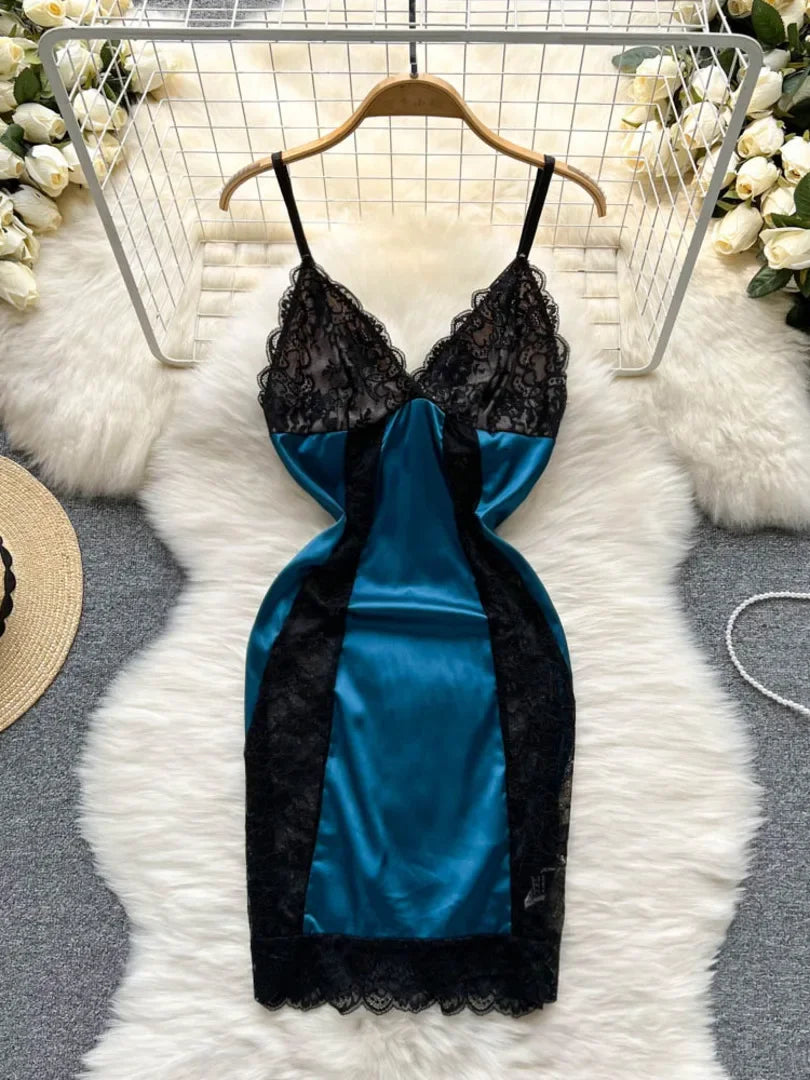 Satin Slip Dress With Lace Trim Design on Luulla