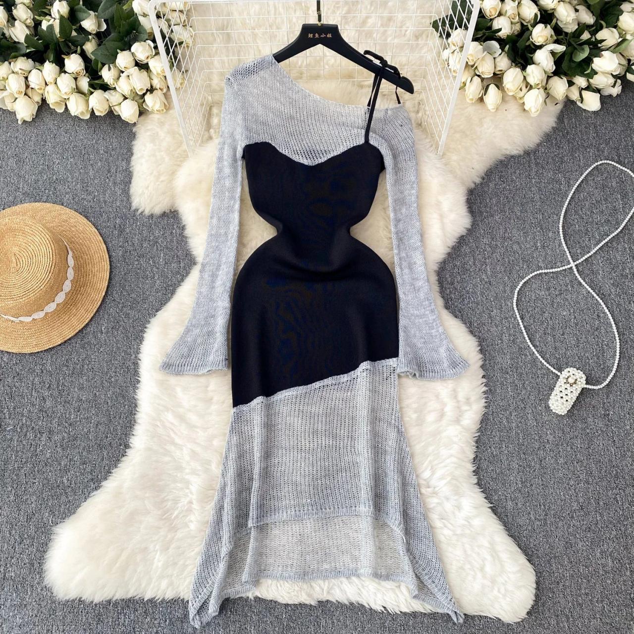 asymmetrical off shoulder sweater dress Black Asymmetrical Off-Shoulder Sweater Dress: Wool Acryl Blend