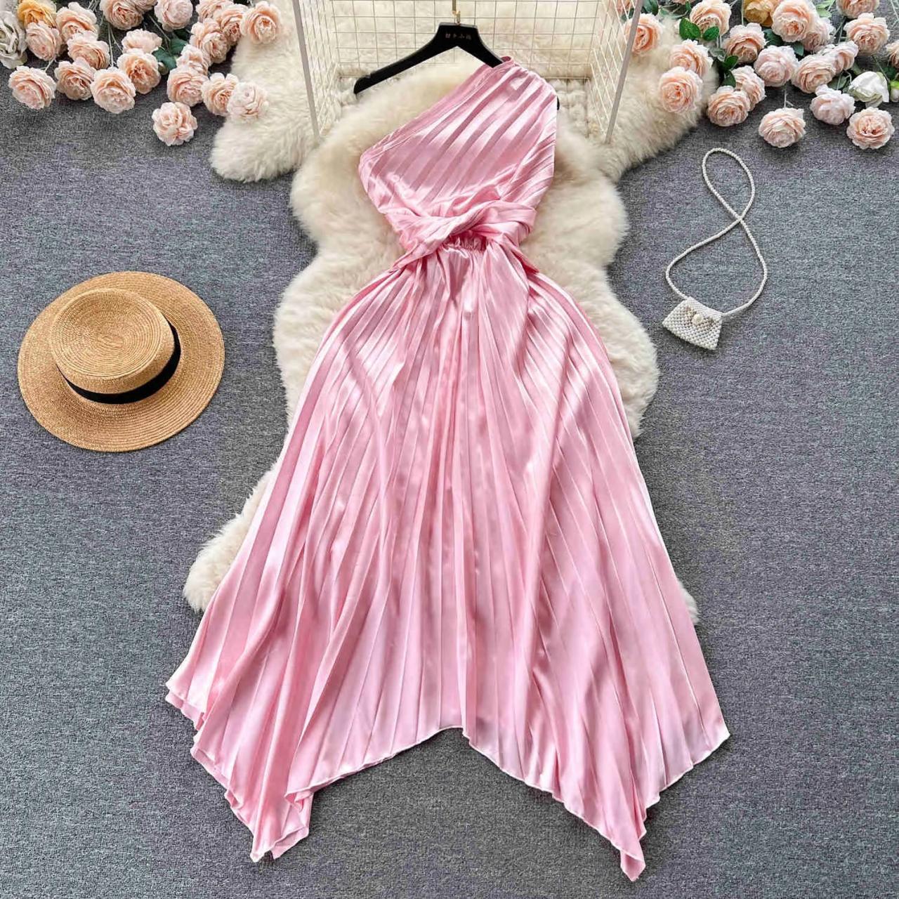 Stunning Pink Satin Pleated Halter Maxi Dress