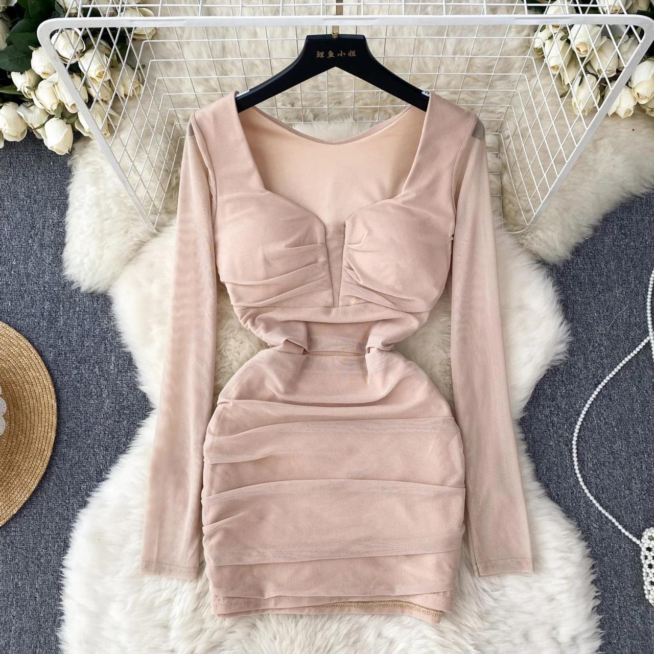 Ruched Long Sleeve Bodycon Dress, Nude Pink on Luulla