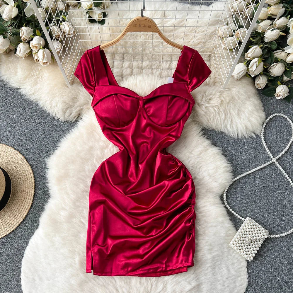 red cap sleeve bodycon dress Red Satin Bodycon Dress With Cap Sleeves