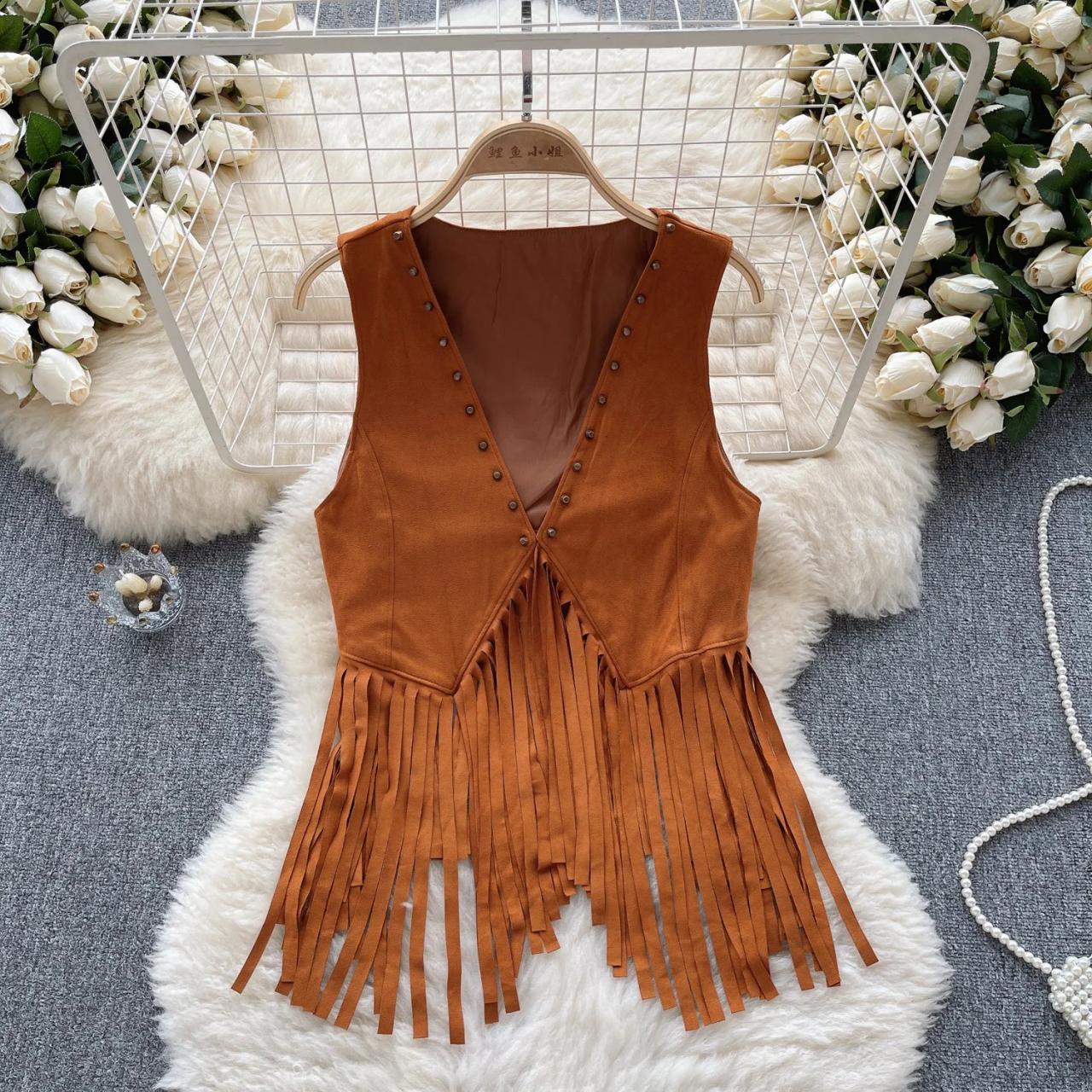 Vintage Brown Fringe Suede Womens Vest Top on Luulla