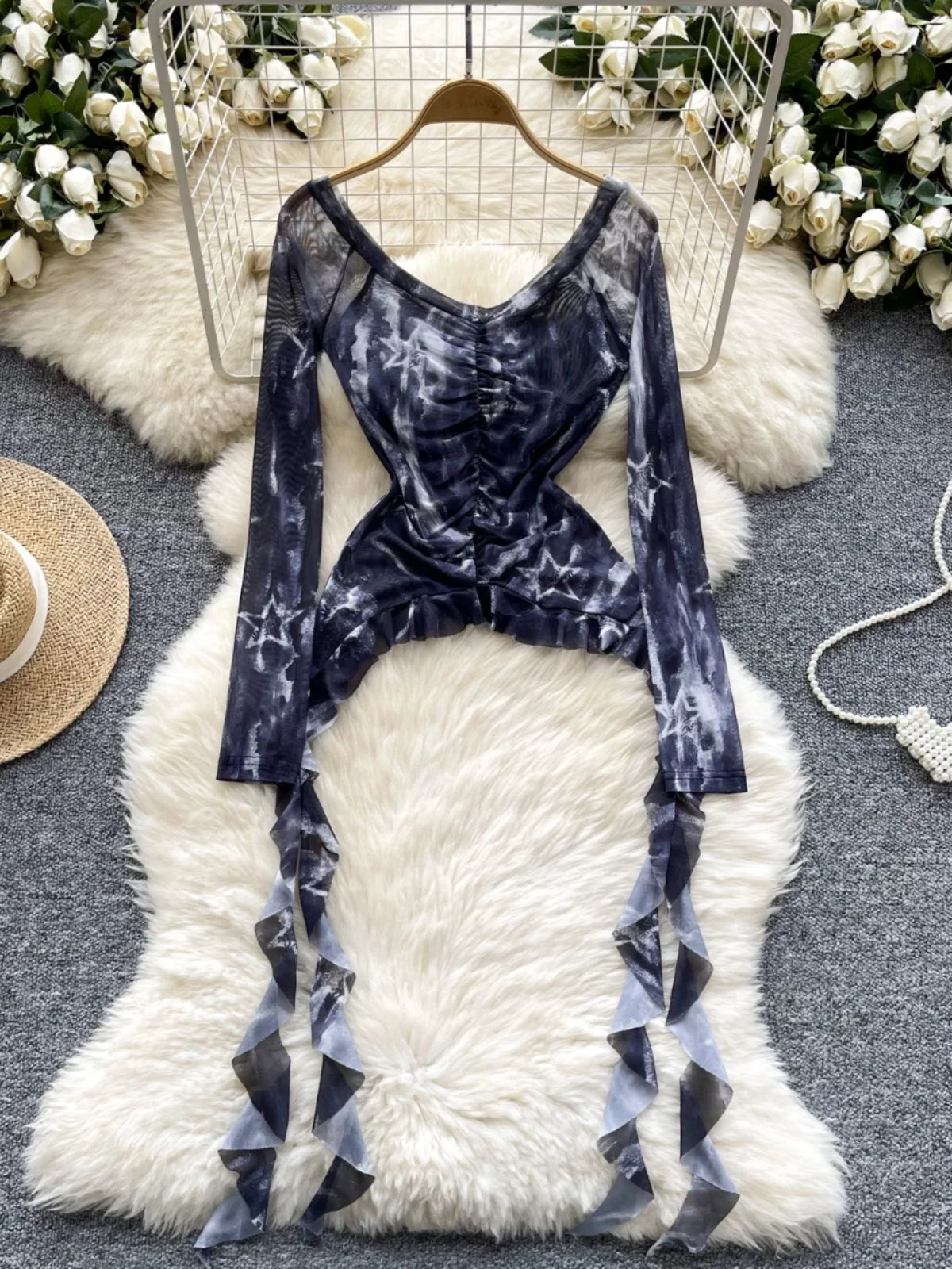 Tie-dye Long Sleeve Ruched Bodycon Dress