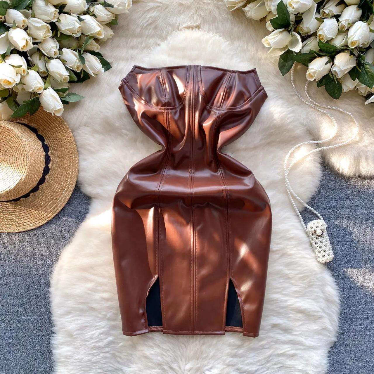 strapless brown leather dress Faux Leather Dress - Leather Mini Dress - Open Back Mini Dress