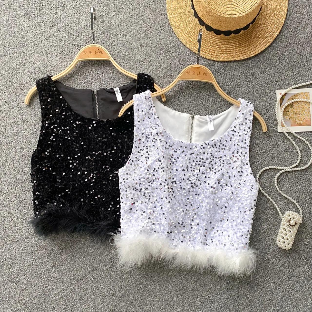 Feather Embellishment Black Sequin Crop Top Feather Embellishment Black Sequin Crop Top