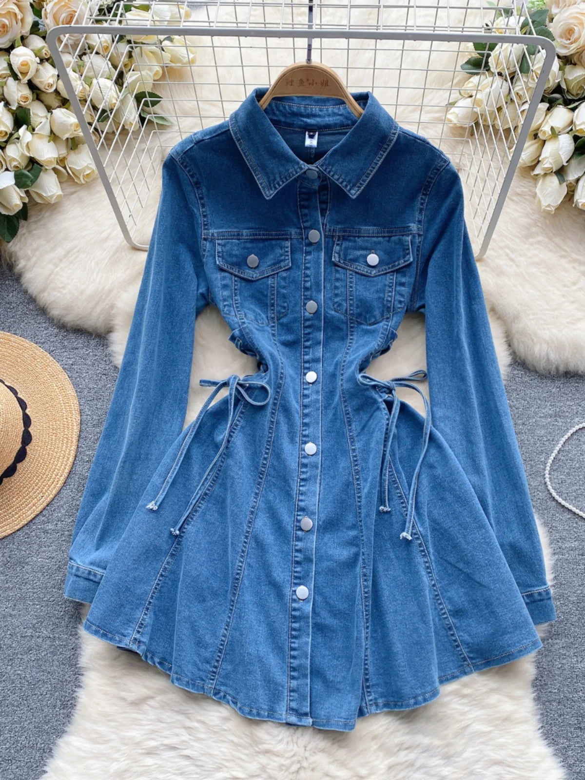 white christmas dresses Denim Flared Belted Midi Dress main image 1