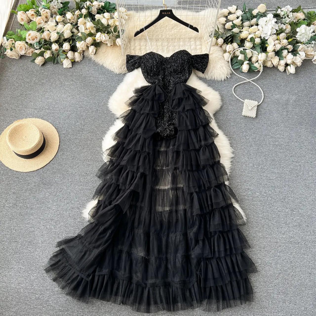 Foamlina Sexy Transparent Strap Off Shoulder Sequin Long Dress For Women Elegant Multi-layered Mesh Ruffles Evening Party Dress