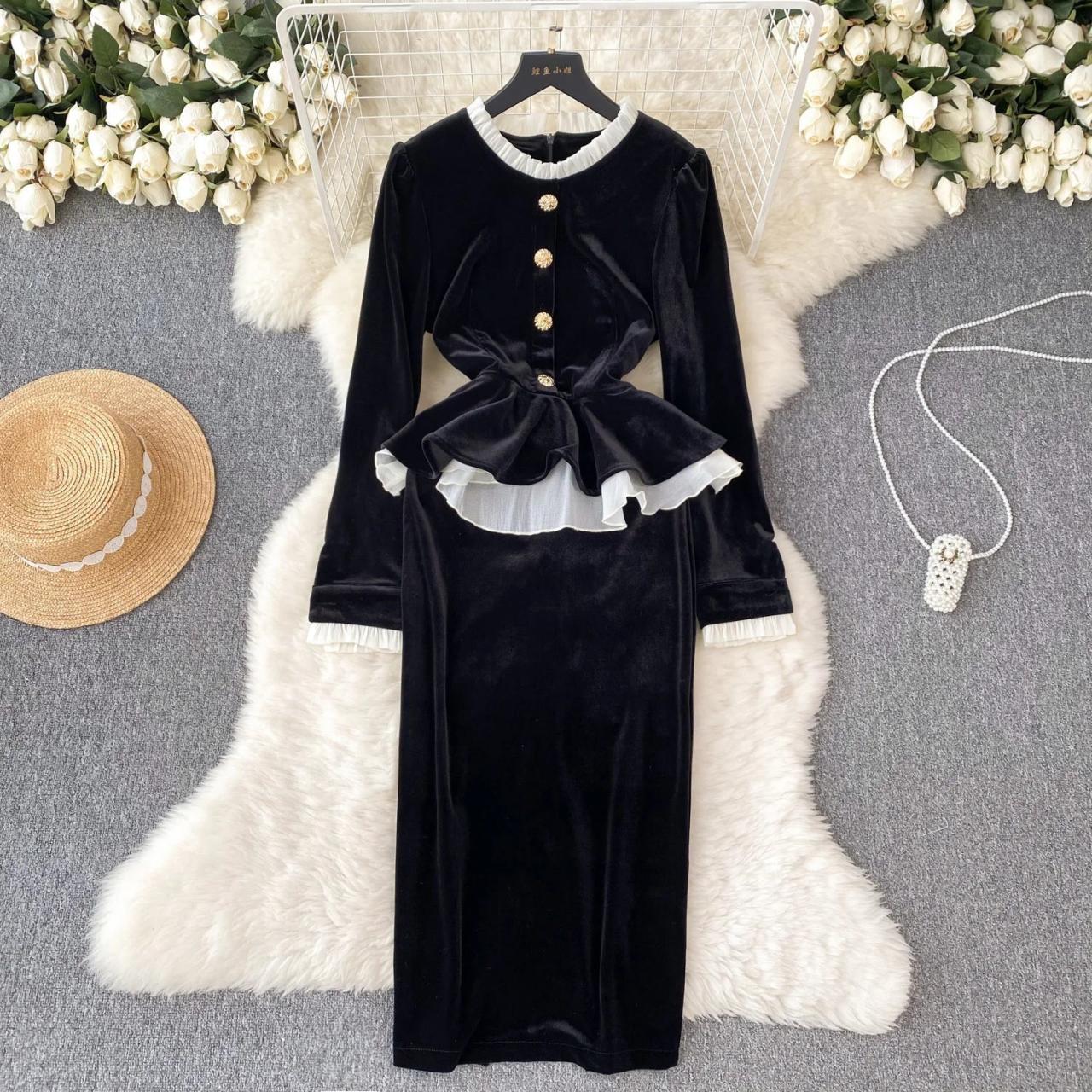 black midi dress gold buttons Knit Black Midi Dress with Gold Buttons main image 1