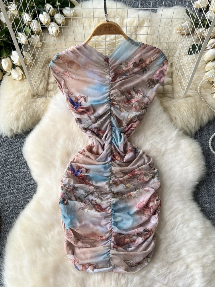 Vintage Ruched Satin Dress With Artistic Print on Luulla