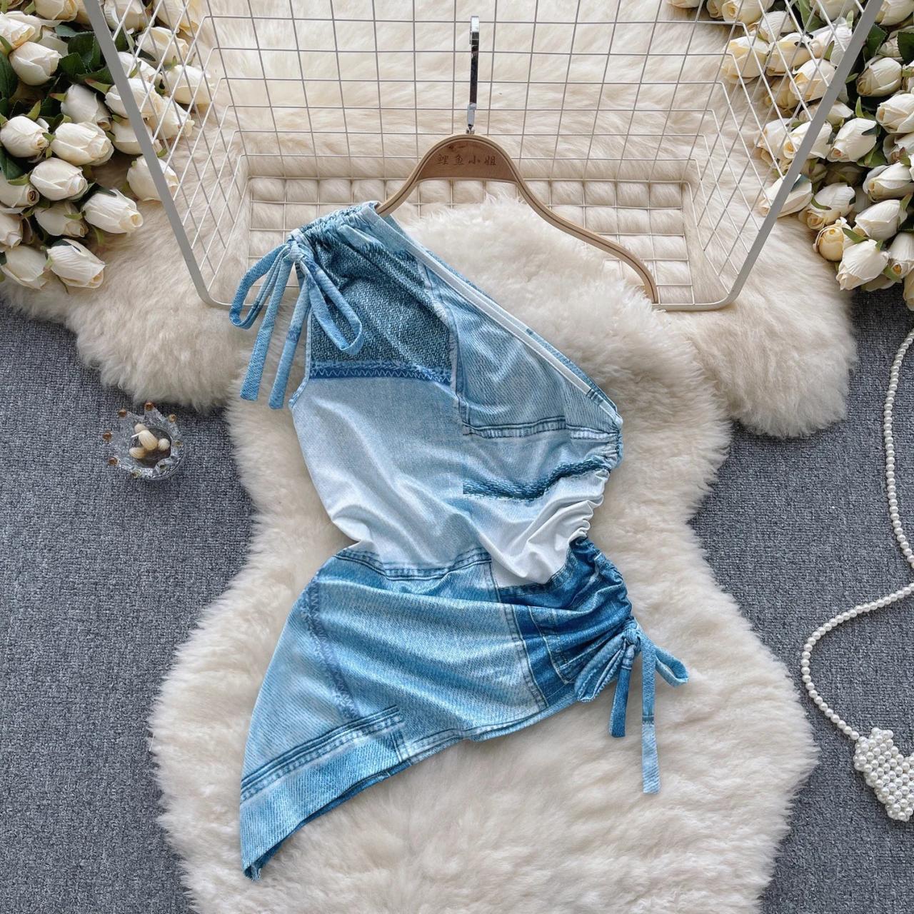 One-shoulder Blue Denim Asymmetrical Ruched Dress