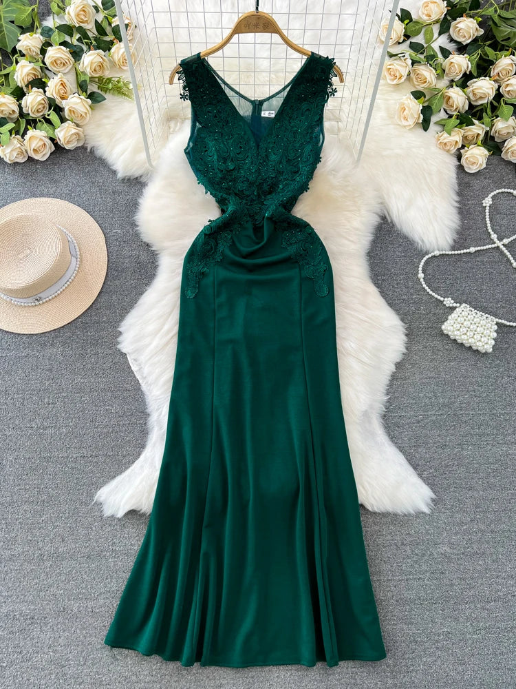 slim fit dress slacks Emerald Green V-Neck Lace Tulle Formal Prom Dress with Long Sleeves main image 0