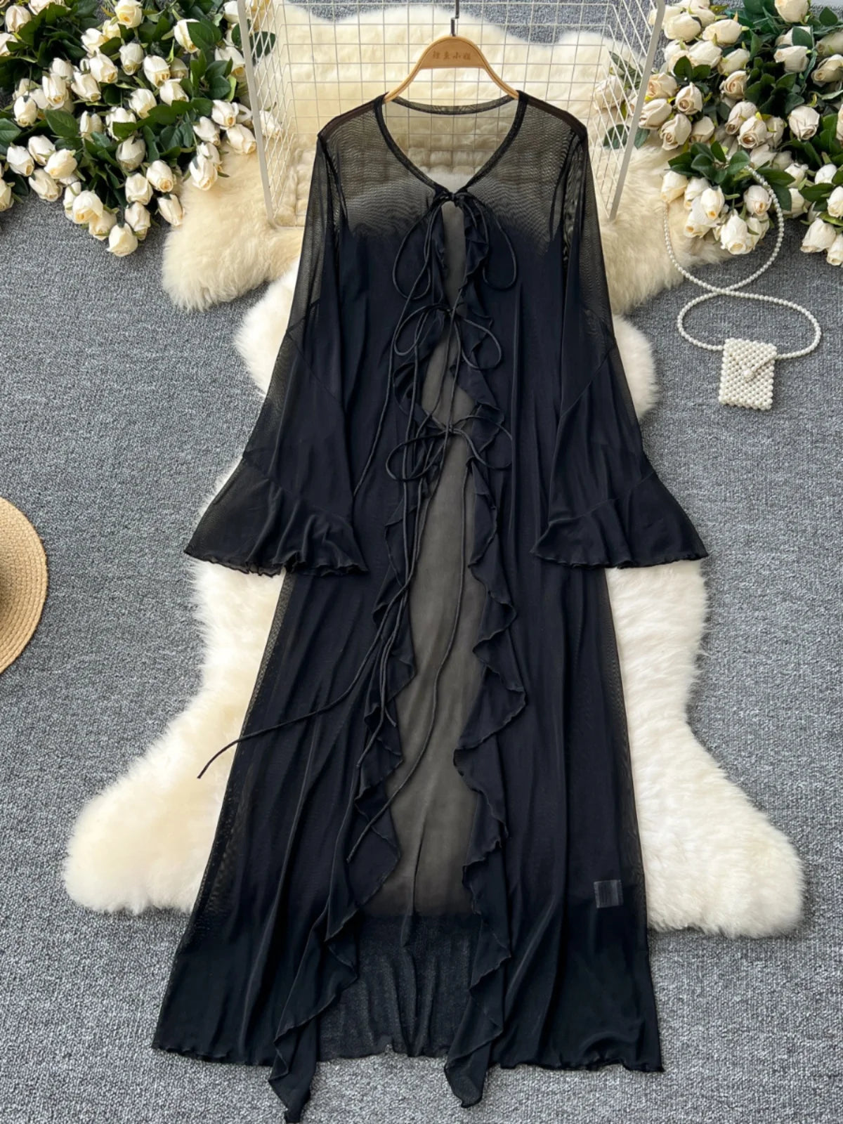 Black Sheer Ruffled Long-sleeve Cover-up Dress