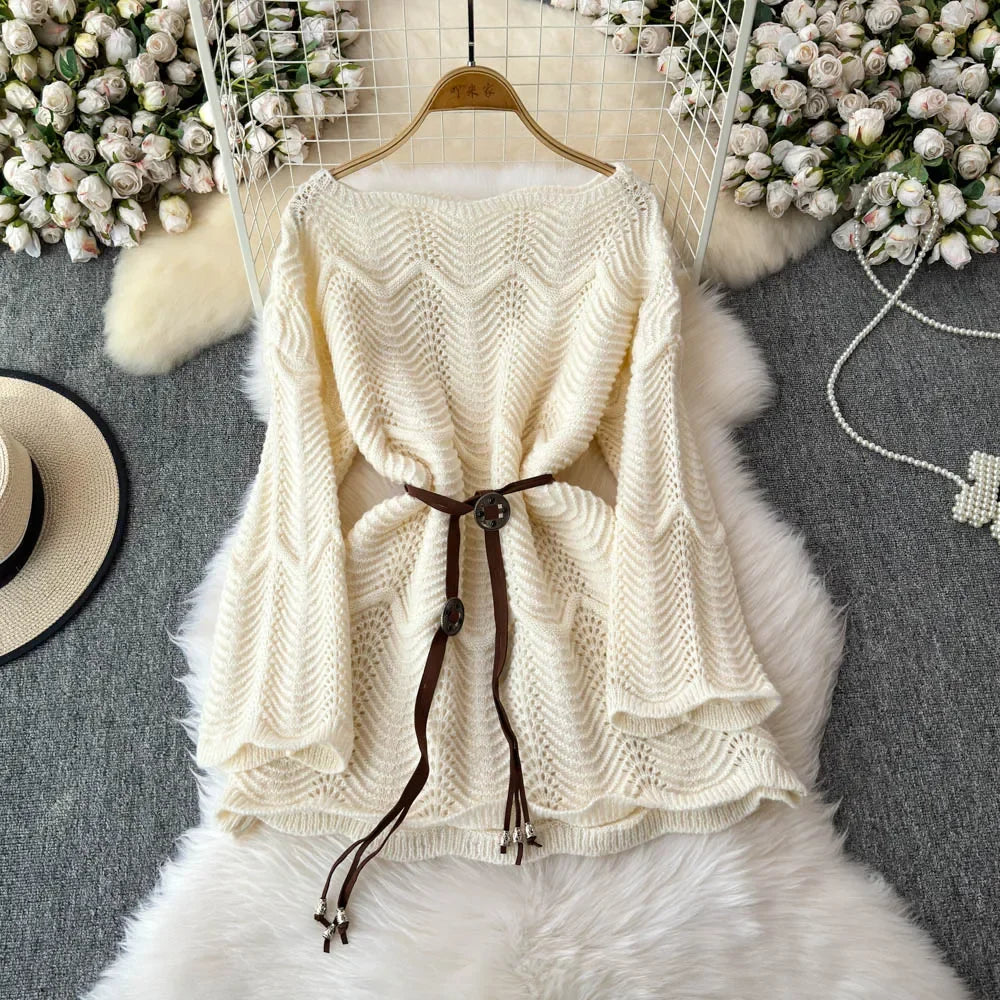 Cozy Knit Sweater Dress With Belted Waist Design