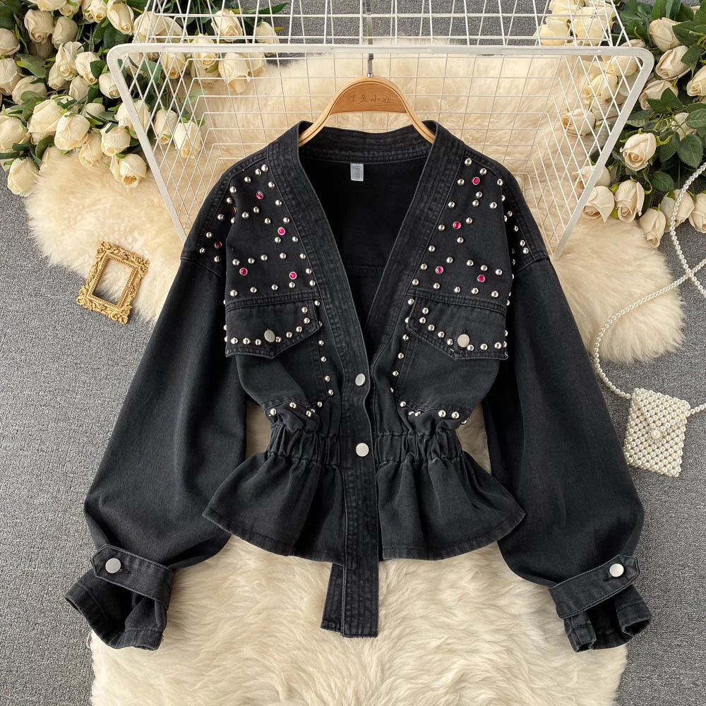 Black Denim Jacket With Rhinestone Embellishments on Luulla