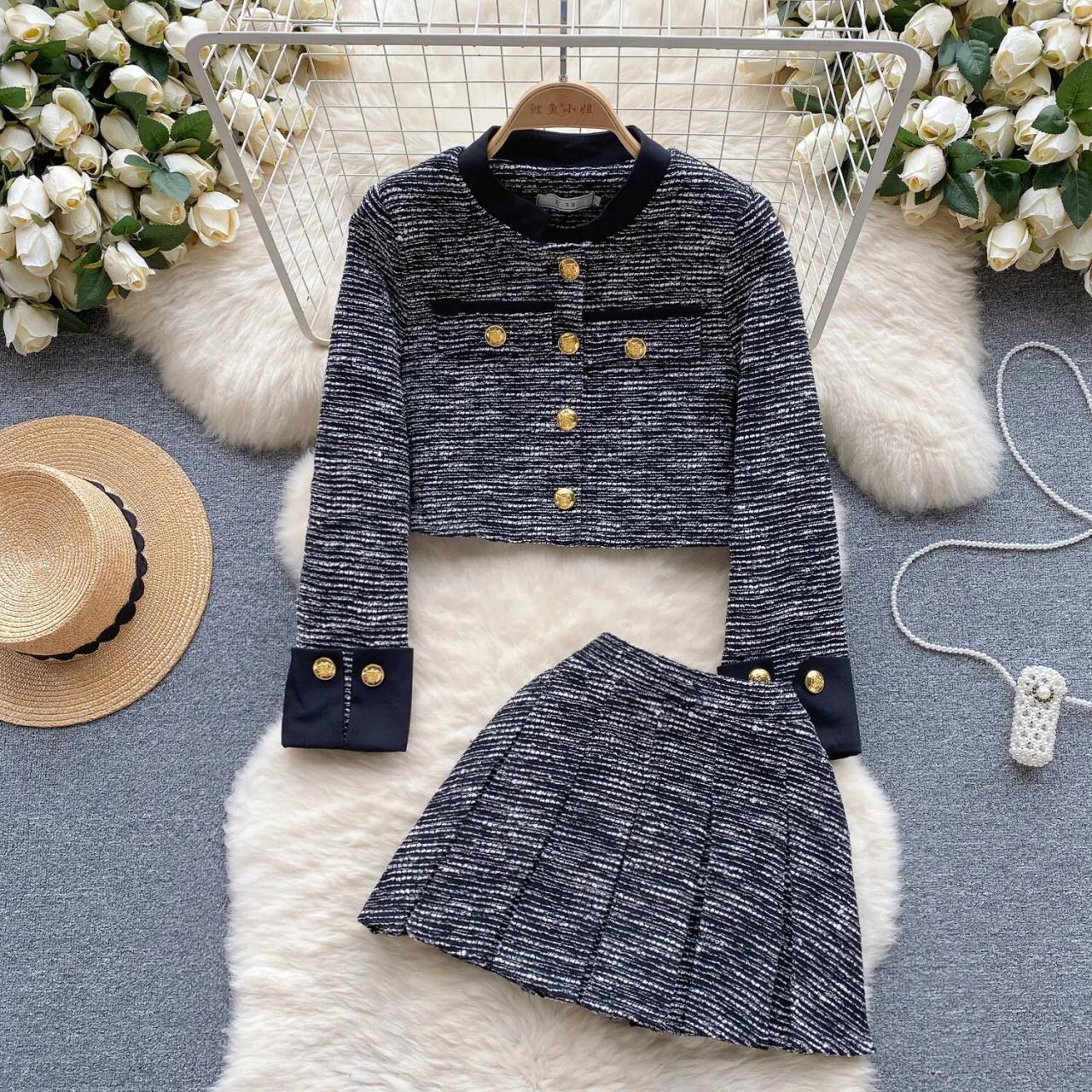 Tweed button mini skirt & jacket sets cheap