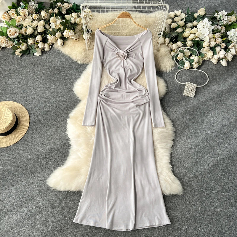 Foamlina Korean Fashion Spring Autumn Dress Women Elegant Floral Slash Neck Off Shoulder Long Sleeve Sheath Evening Party Dress