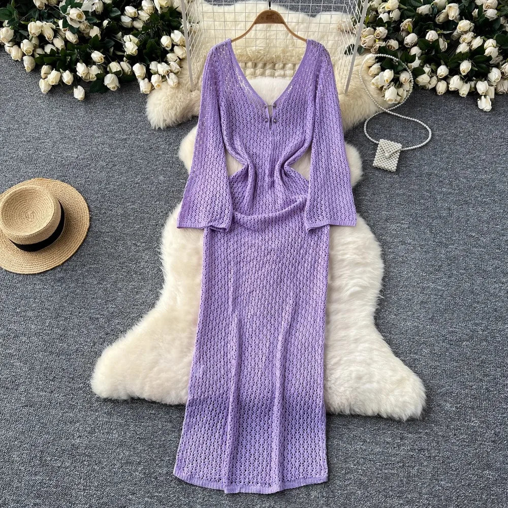 Mustard Knitted Long V-neck Dress With Belt on Luulla