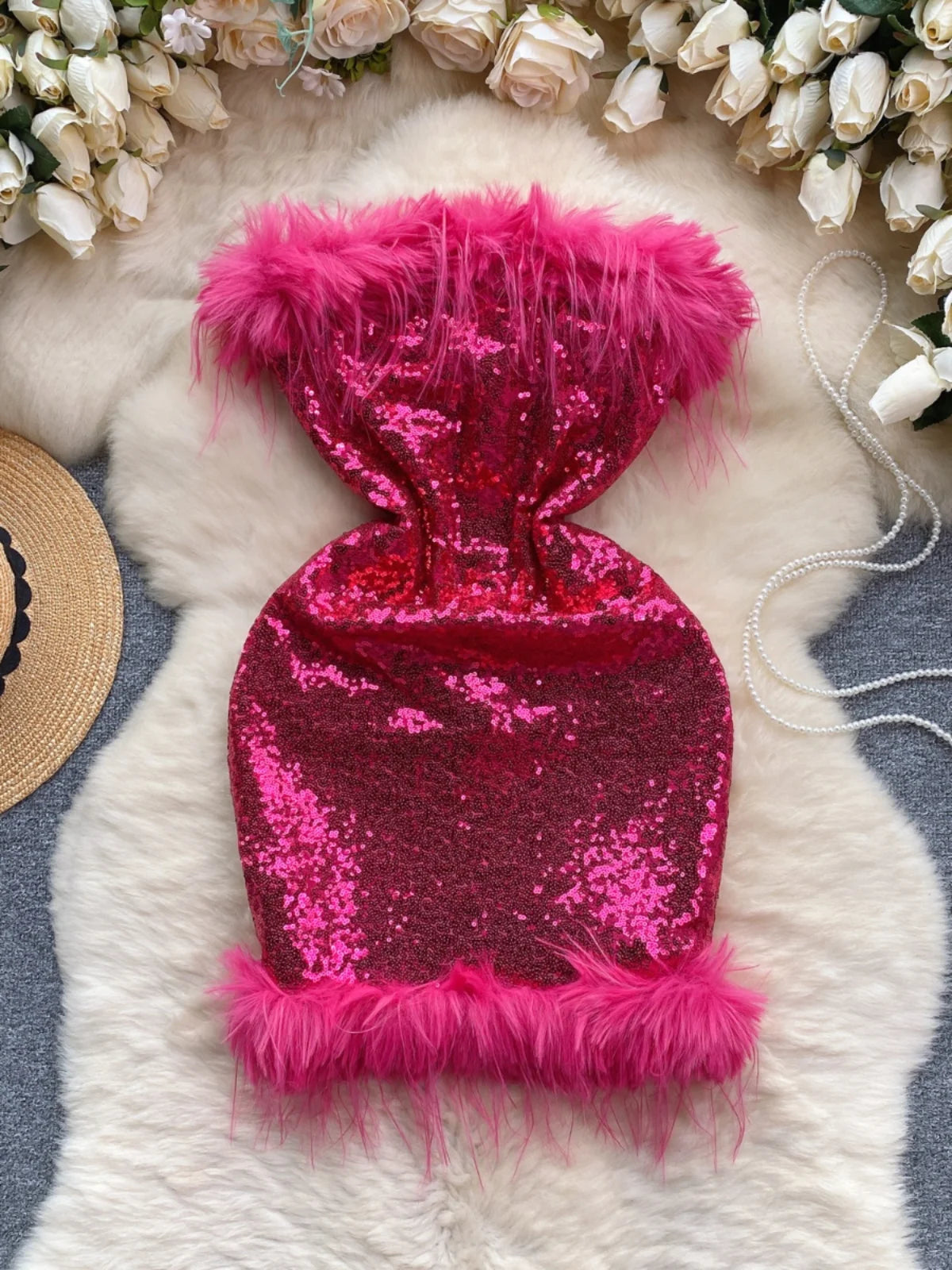 Sparkling Pink Sequin Dress With Fluffy Trim