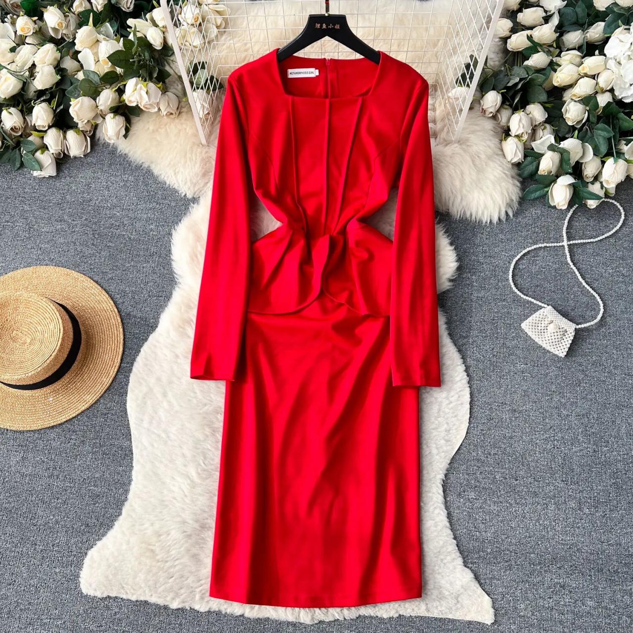 Red Long-sleeve Cutout Dress With Stylish Design