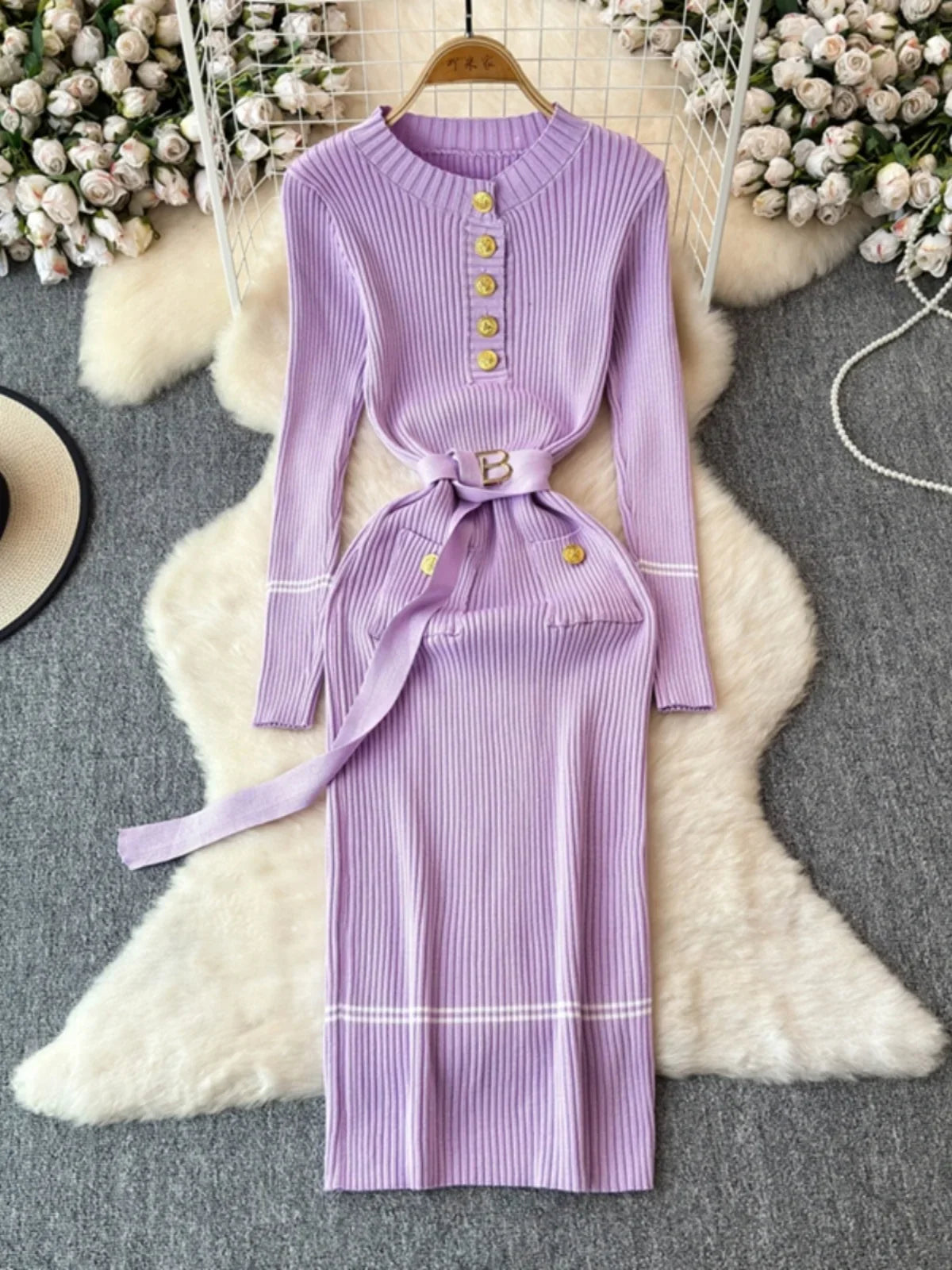 black knitted dress with belt Long Sleeve Noir Knit Dress 2 / Noir main image 0