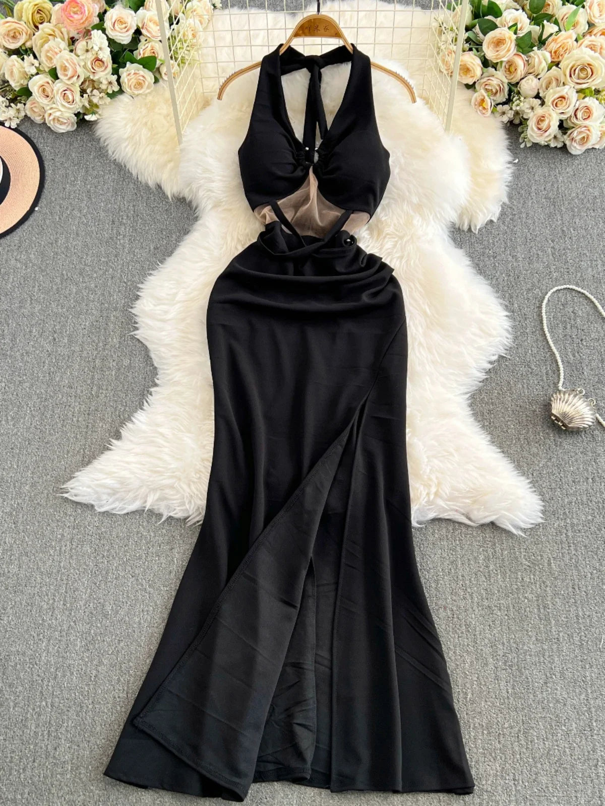 Stunning Black Satin Maxi Dress With Slit