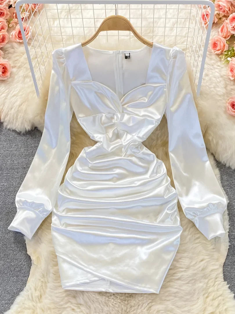 White Satin Long Sleeve Ruched Bodycon Dress on Luulla