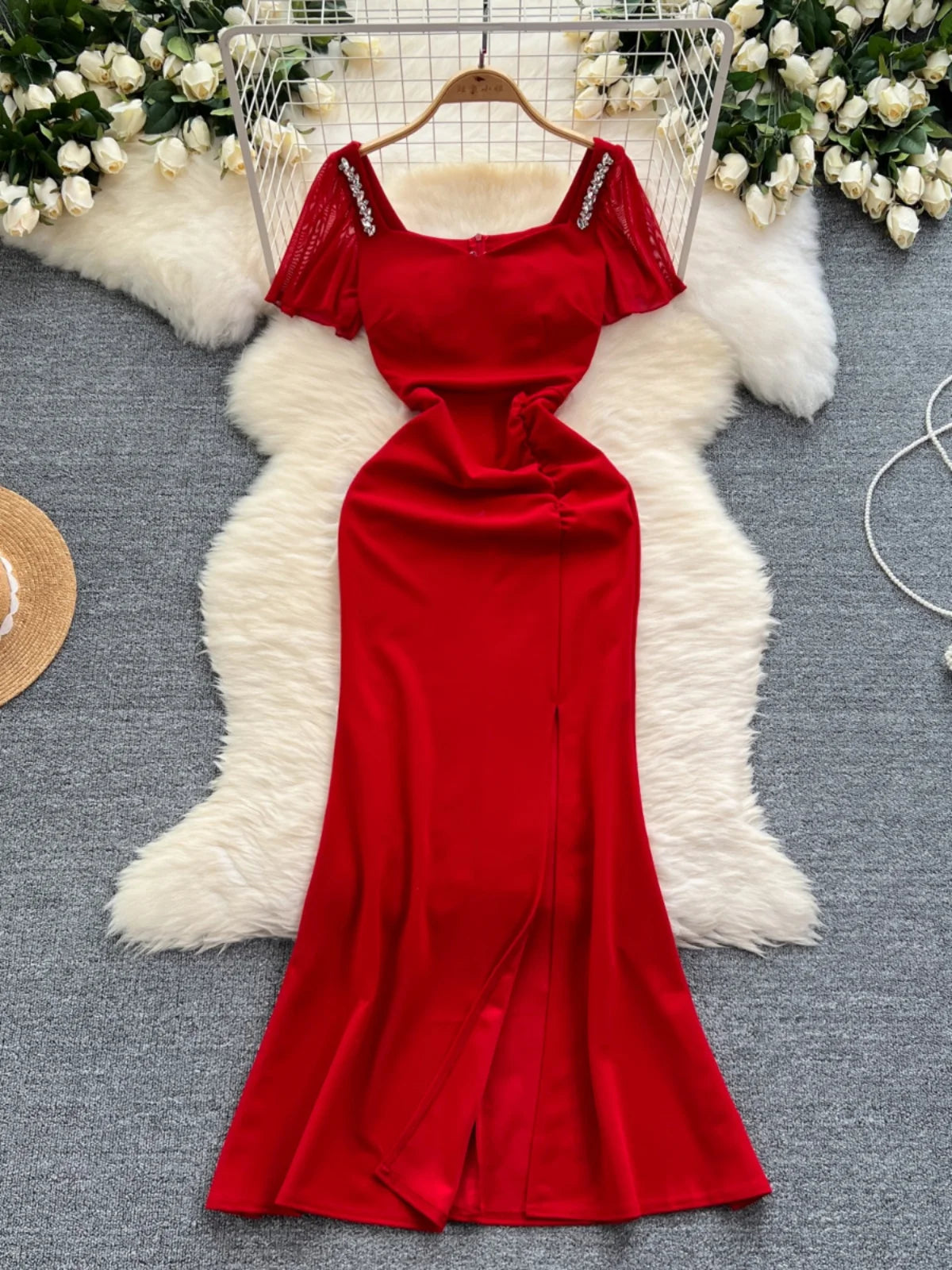 Red Maxi Dress With Off-shoulder Ruffle Sleeves