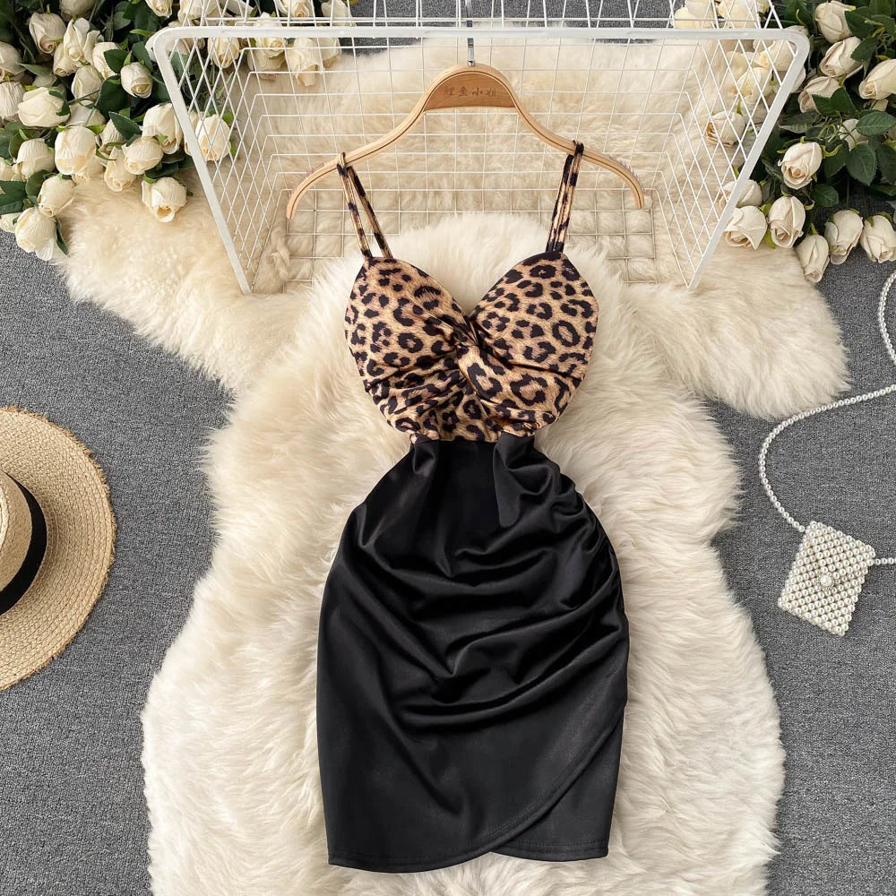 leopard print satin mini dress in black Leopard Print Spaghetti Strap Black Mini Dress