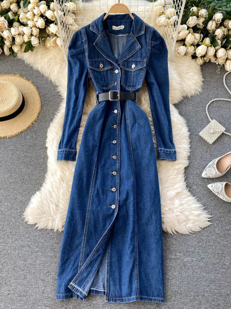 denim midi dress with belt Indigo Denim Midi Shirt Dress
