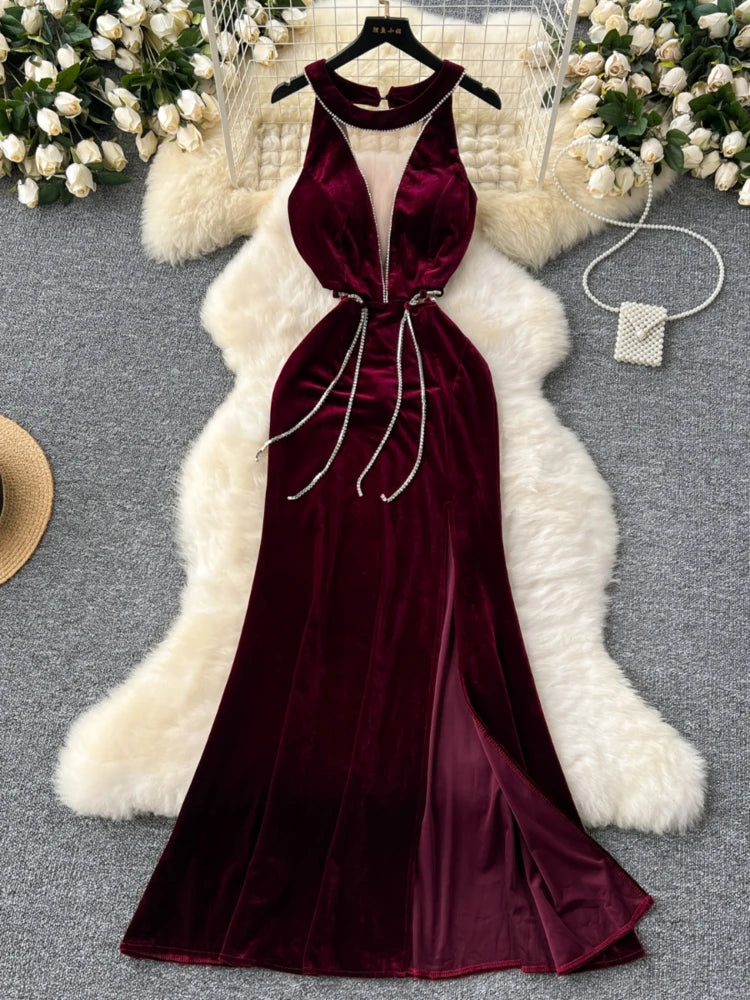 Luxurious Velvet Halter Maxi Dress With Chains