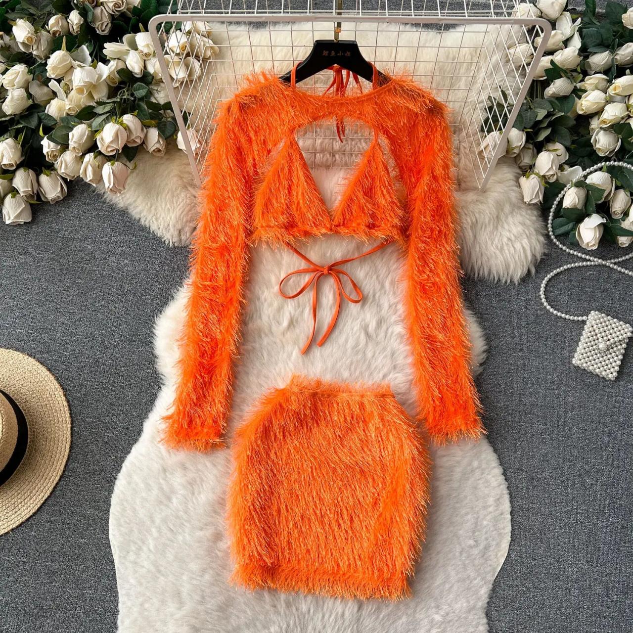 Vibrant Faux Fur Two-piece Crop Top Set
