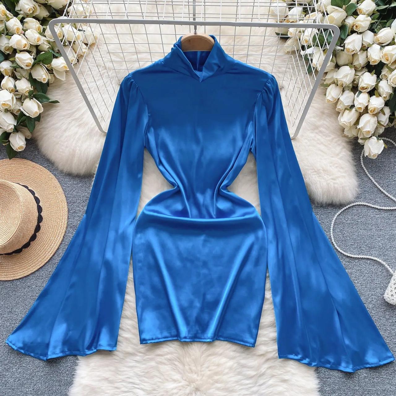 Satin Blue Flared Sleeve Bodycon Mini Dress