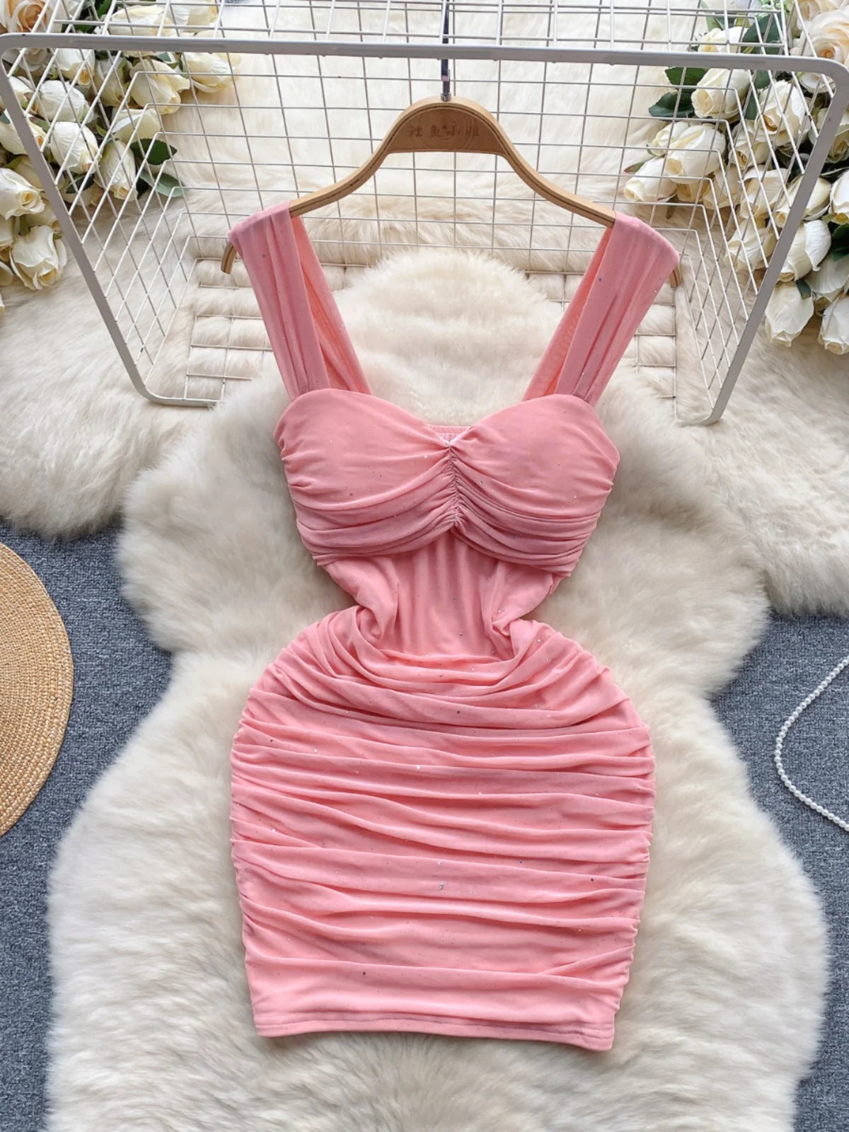 Ruched Pink Bodycon Dress With Wide Straps