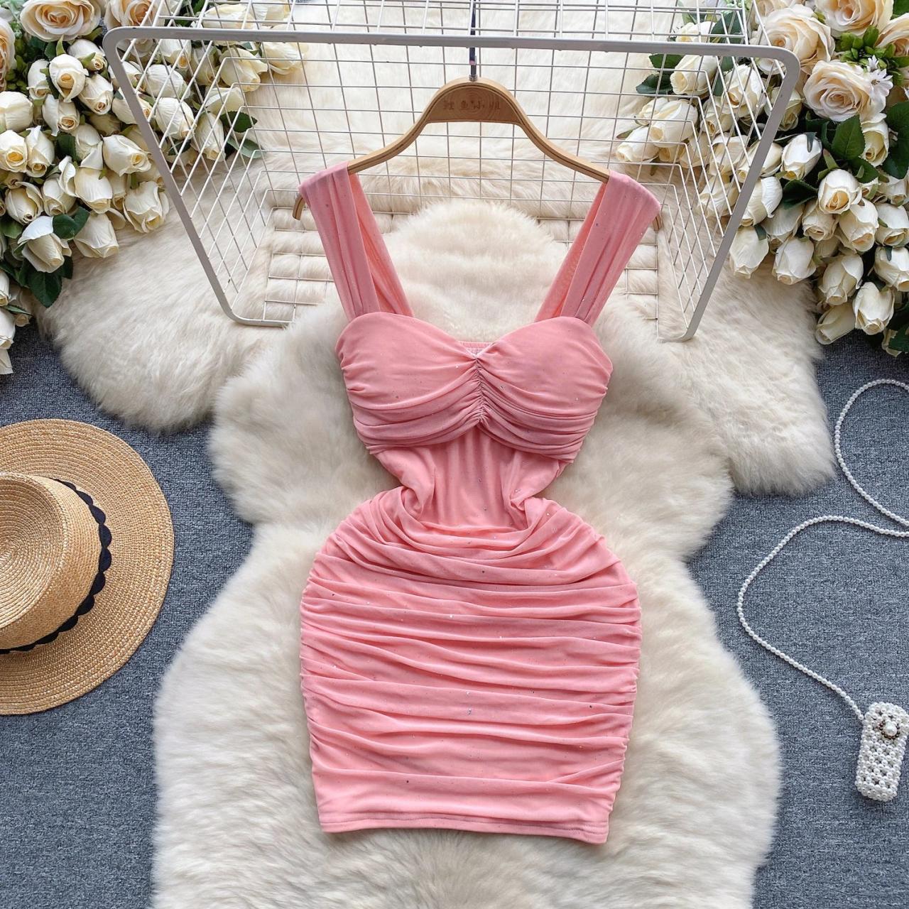thick strap ruched bodycon dress Arabella Ruched Wide Strap Bodycon Dress Pink