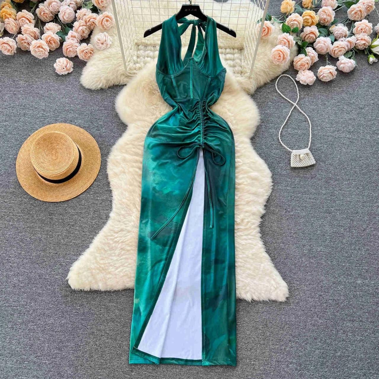 Luxurious Green Ruched Satin Sleeveless Maxi Dress on Luulla