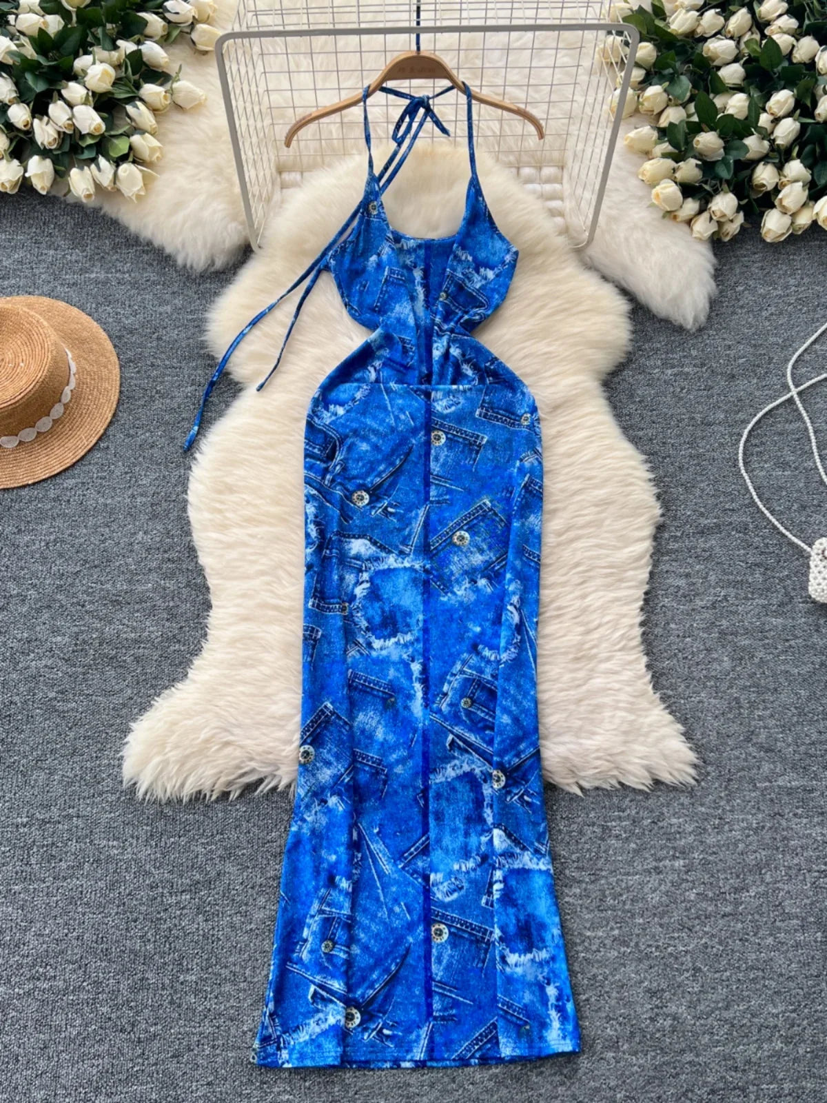 blue tie dye halter dress Suno Tie Dye Halter Dress, Blue, XS