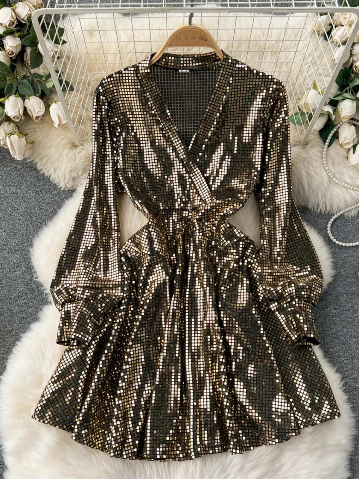 Sequin long sleeve wrap dress cheap
