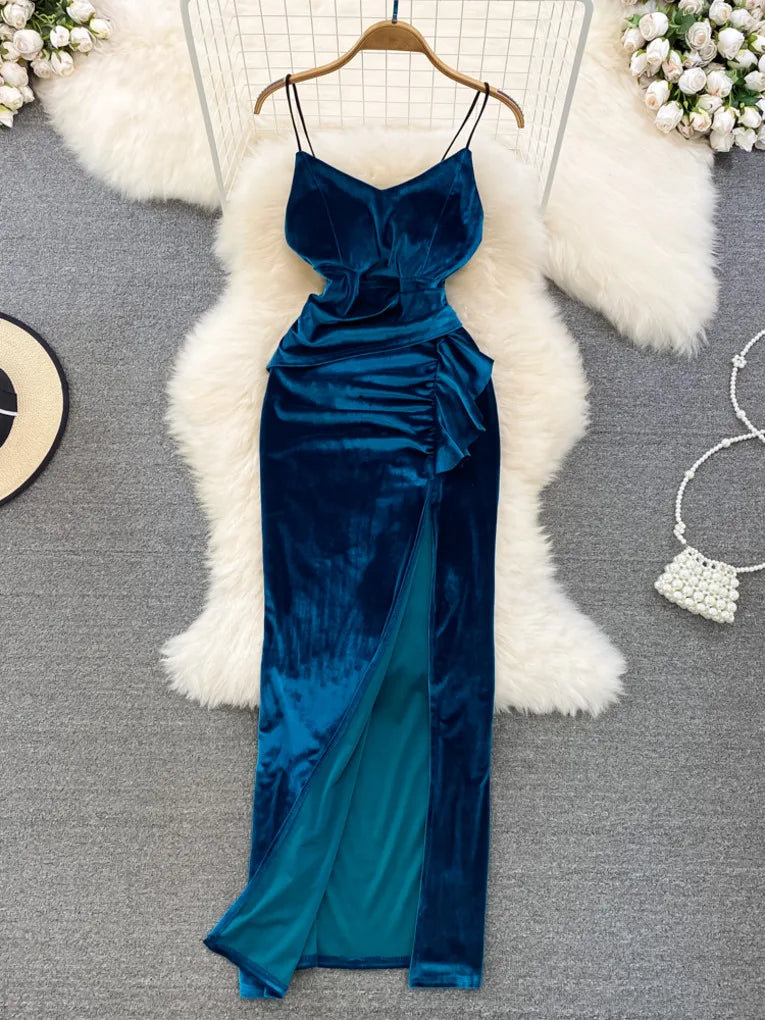 Velvet Ruched Sleeveless Maxi Dress In Teal