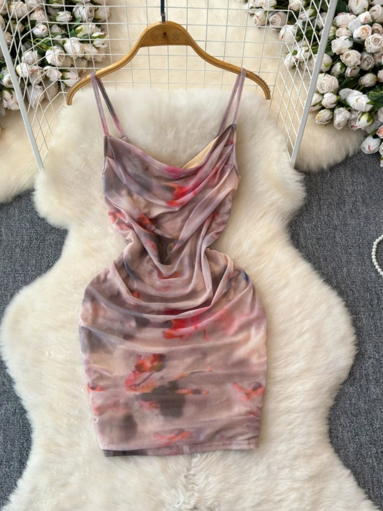 Chic Tie-dye Ruched Cami Dress, Multi-color on Luulla