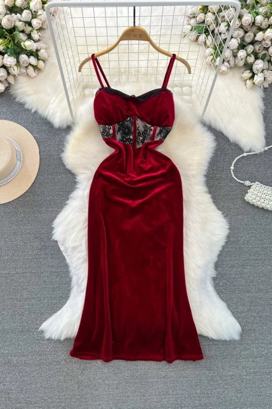Sleeveless Red Velvet Dress With Lace Accents on Luulla
