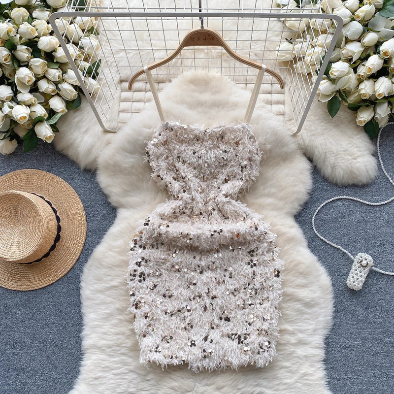 Sparkling Pink Sequin Bodycon Dress With Straps on Luulla